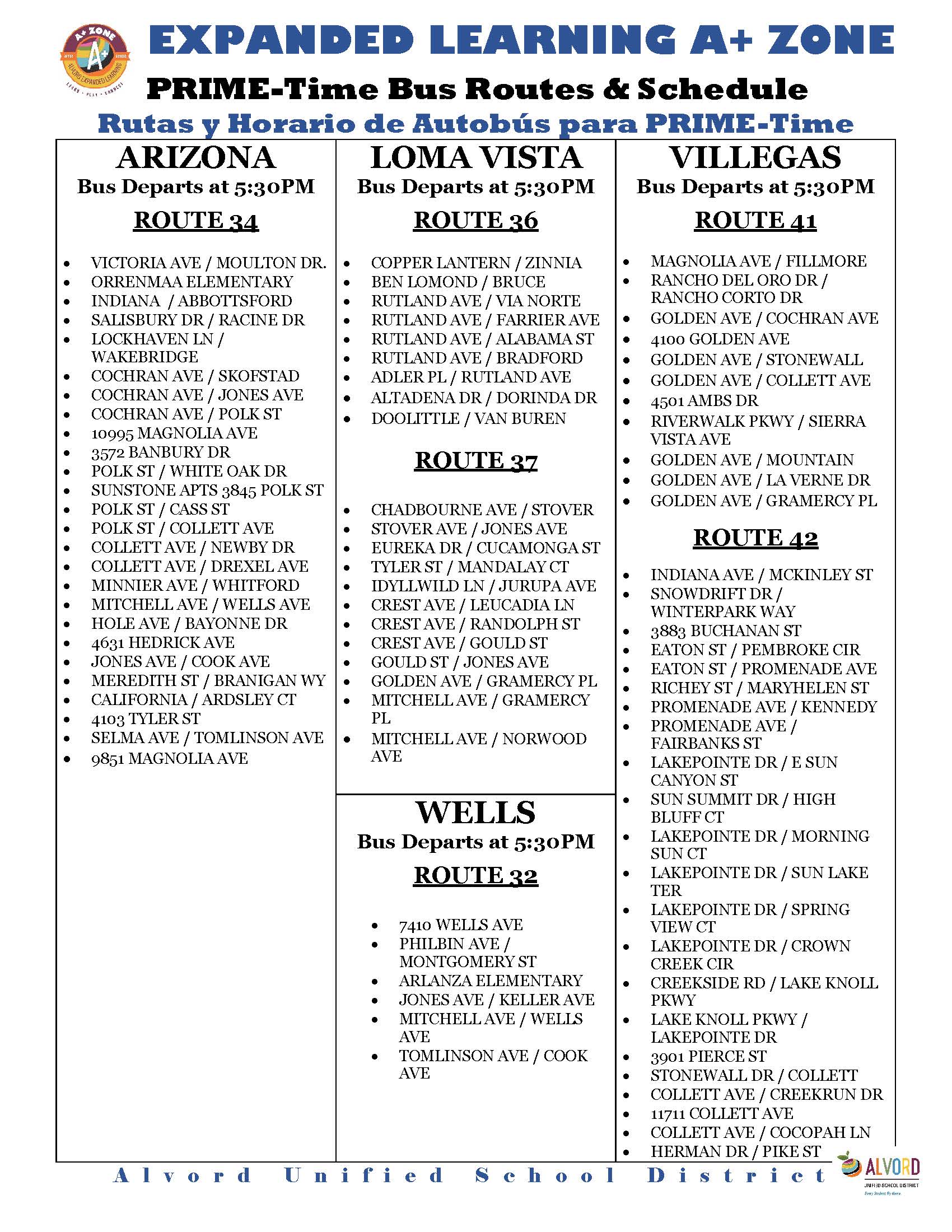 After school program's bus routes and times by school.